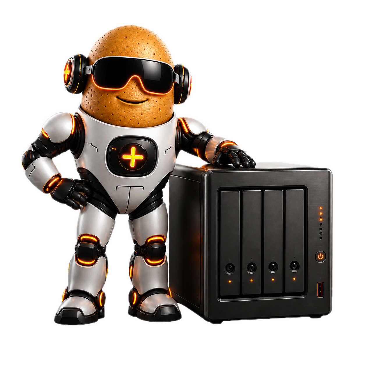 Tater mascot standing beside a modern Tater Tube home media server